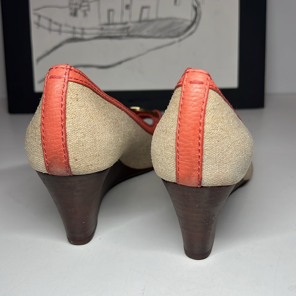 Tory Burch Amanda Off White/Pink Leather And Canvas PepToes Wedges Woman’s 6.5M - Picture 6 of 16